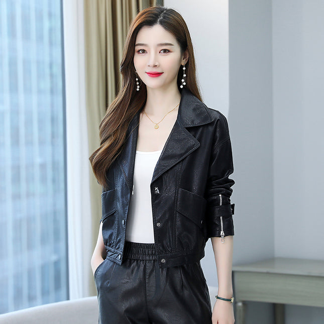 ANYBUY Pu Leather Jacket Women New Fashion Zipper Motorcycle Coat Short Faux Leather Plus Size Casual Biker Jacket Outerwear Female