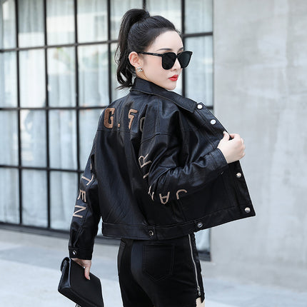 ANYBUY Women New Fashion Pu Leather Jacket Embroider Motorcycle Coat Short Faux Leather Biker Jacket Soft Bomber Jacket Female