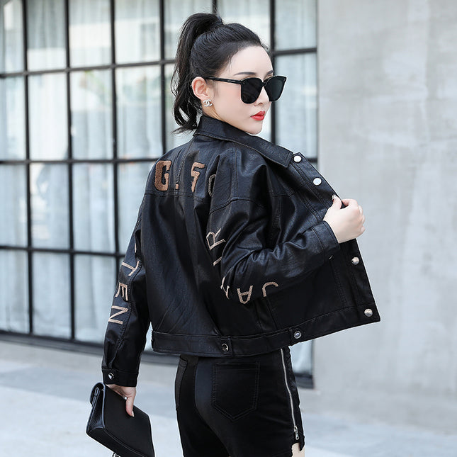 ANYBUY Women New Fashion Pu Leather Jacket Embroider Motorcycle Coat Short Faux Leather Biker Jacket Soft Bomber Jacket Female