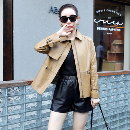 ANYBUY Pu Leather Jacket Women New Fashion Camel Motorcycle Coat Long Leather Biker Jacket Soft Slim Drawstring waist Jacket