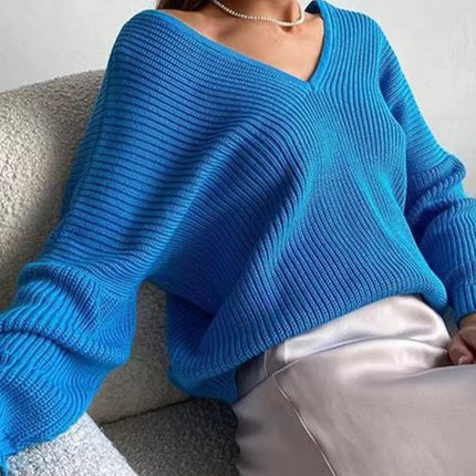 ANYBUY Oversized Knitted Sweater Pullover Women 2023 Autumn Winter Sexy Deep V-Neck Off Shoulder Loose Sweaters Streetwear Green Jumper