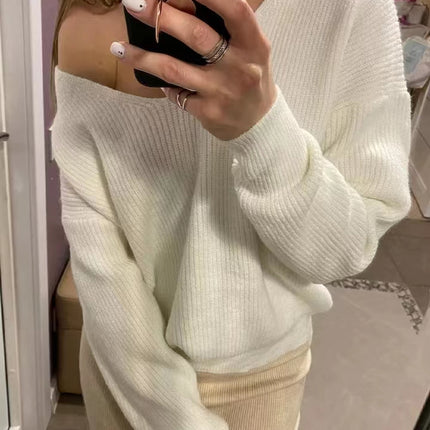 ANYBUY Oversized Knitted Sweater Pullover Women 2023 Autumn Winter Sexy Deep V-Neck Off Shoulder Loose Sweaters Streetwear Green Jumper