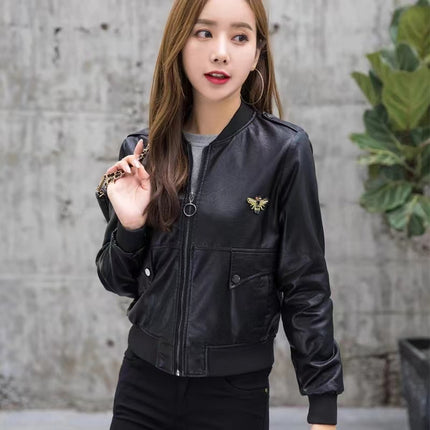 ANYBUY Women New Fashion Pu Leather Jacket Zipper Motorcycle Coat Short Faux Leather Biker Jacket Soft Bomber Jacket Female