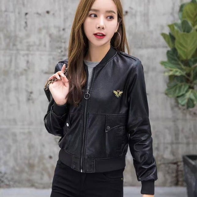 ANYBUY Women New Fashion Pu Leather Jacket Zipper Motorcycle Coat Short Faux Leather Biker Jacket Soft Bomber Jacket Female
