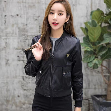 ANYBUY Women New Fashion Pu Leather Jacket Zipper Motorcycle Coat Short Faux Leather Biker Jacket Soft Bomber Jacket Female