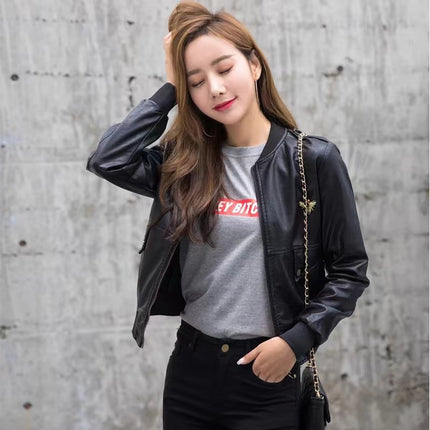 ANYBUY Women New Fashion Pu Leather Jacket Zipper Motorcycle Coat Short Faux Leather Biker Jacket Soft Bomber Jacket Female
