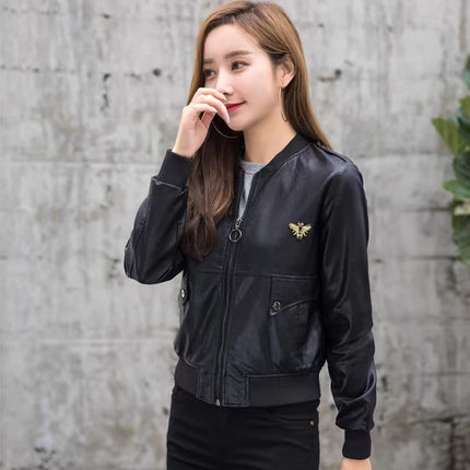 ANYBUY Women New Fashion Pu Leather Jacket Zipper Motorcycle Coat Short Faux Leather Biker Jacket Soft Bomber Jacket Female