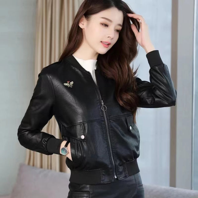 ANYBUY Women New Fashion Pu Leather Jacket Zipper Motorcycle Coat Short Faux Leather Biker Jacket Soft Bomber Jacket Female