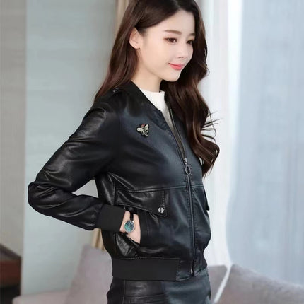 ANYBUY Women New Fashion Pu Leather Jacket Zipper Motorcycle Coat Short Faux Leather Biker Jacket Soft Bomber Jacket Female