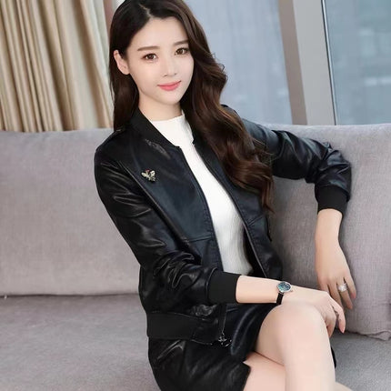 ANYBUY Women New Fashion Pu Leather Jacket Zipper Motorcycle Coat Short Faux Leather Biker Jacket Soft Bomber Jacket Female