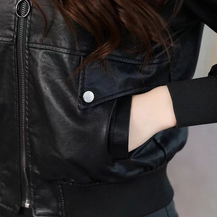 ANYBUY Women New Fashion Pu Leather Jacket Zipper Motorcycle Coat Short Faux Leather Biker Jacket Soft Bomber Jacket Female