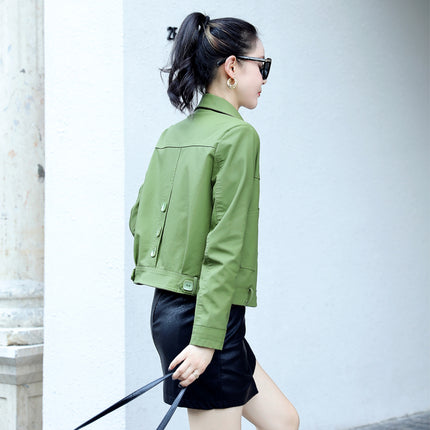 ANYBUY Ladies Pu Leather Jacket Turn-down Collar Casual Fashion Sweet Outerwear Button Motorcycle Coat Soft Biker Jacket Girl