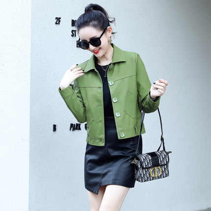 ANYBUY Ladies Pu Leather Jacket Turn-down Collar Casual Fashion Sweet Outerwear Button Motorcycle Coat Soft Biker Jacket Girl