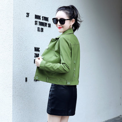 ANYBUY Ladies Pu Leather Jacket Turn-down Collar Casual Fashion Sweet Outerwear Button Motorcycle Coat Soft Biker Jacket Girl
