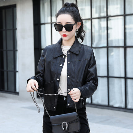 ANYBUY Women New Fashion Pu Leather Jacket Embroider Motorcycle Coat Short Faux Leather Biker Jacket Soft Bomber Jacket Female