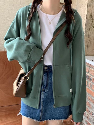 ANYBUY Korean Style Zip-up Jacket Coat Women Oversized Hooded Pocket Female Outerwear Casual Hoodies Coats for Women 2023 Spring Autumn