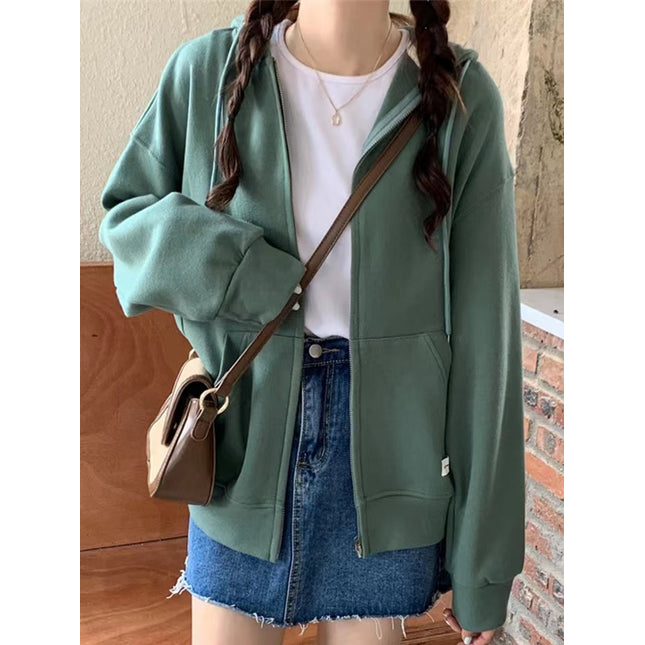 ANYBUY Korean Style Zip-up Jacket Coat Women Oversized Hooded Pocket Female Outerwear Casual Hoodies Coats for Women 2023 Spring Autumn