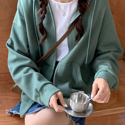 ANYBUY Korean Style Zip-up Jacket Coat Women Oversized Hooded Pocket Female Outerwear Casual Hoodies Coats for Women 2023 Spring Autumn