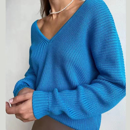 ANYBUY Oversized Knitted Sweater Pullover Women 2023 Autumn Winter Sexy Deep V-Neck Off Shoulder Loose Sweaters Streetwear Green Jumper