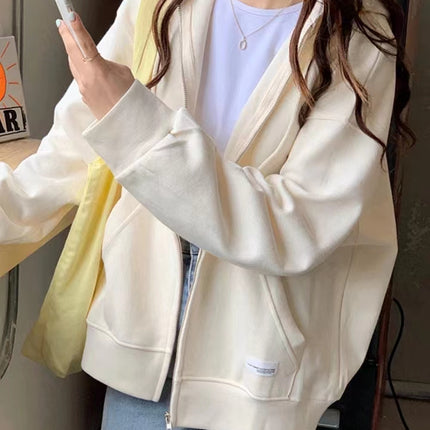 ANYBUY Korean Style Zip-up Jacket Coat Women Oversized Hooded Pocket Female Outerwear Casual Hoodies Coats for Women 2023 Spring Autumn