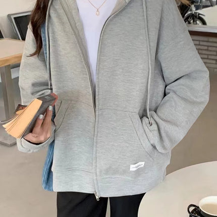 ANYBUY Korean Style Zip-up Jacket Coat Women Oversized Hooded Pocket Female Outerwear Casual Hoodies Coats for Women 2023 Spring Autumn