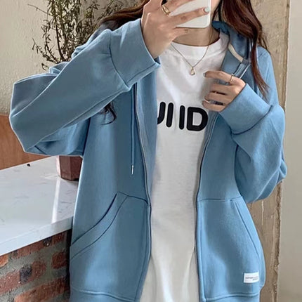 ANYBUY Korean Style Zip-up Jacket Coat Women Oversized Hooded Pocket Female Outerwear Casual Hoodies Coats for Women 2023 Spring Autumn