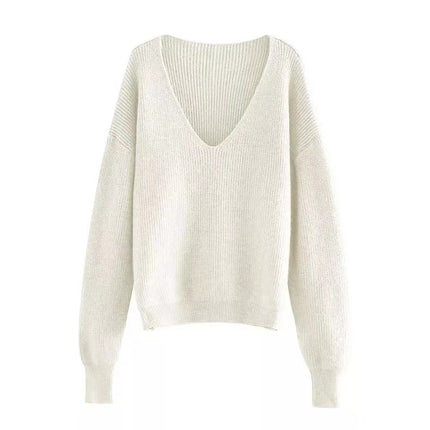 ANYBUY Oversized Knitted Sweater Pullover Women 2023 Autumn Winter Sexy Deep V-Neck Off Shoulder Loose Sweaters Streetwear Green Jumper