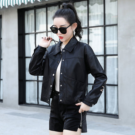 ANYBUY Women New Fashion Pu Leather Jacket Embroider Motorcycle Coat Short Faux Leather Biker Jacket Soft Bomber Jacket Female