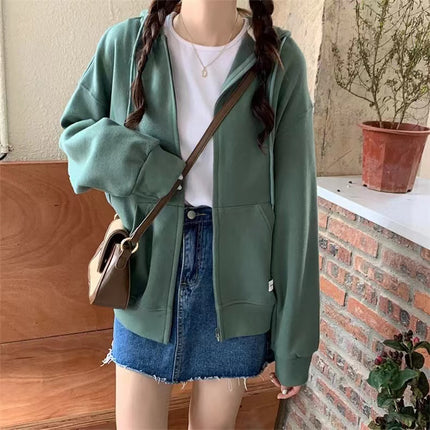 ANYBUY Korean Style Zip-up Jacket Coat Women Oversized Hooded Pocket Female Outerwear Casual Hoodies Coats for Women 2023 Spring Autumn