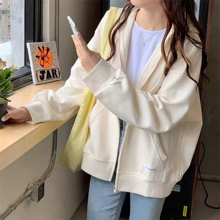 ANYBUY Korean Style Zip-up Jacket Coat Women Oversized Hooded Pocket Female Outerwear Casual Hoodies Coats for Women 2023 Spring Autumn