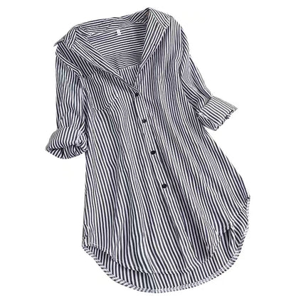 ANYBUY Women Tunic Shirt Chic Stripe Blouse Autumn Ladies Large Size Button Lace V Neck Long Sleeve Shirt Blouse Large Size 5XL