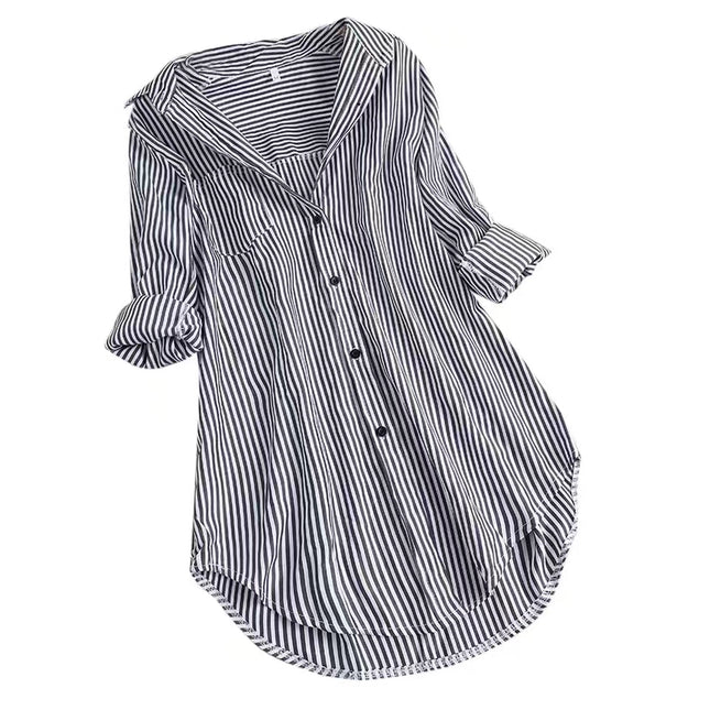ANYBUY Women Tunic Shirt Chic Stripe Blouse Autumn Ladies Large Size Button Lace V Neck Long Sleeve Shirt Blouse Large Size 5XL