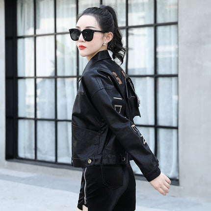ANYBUY Women New Fashion Pu Leather Jacket Embroider Motorcycle Coat Short Faux Leather Biker Jacket Soft Bomber Jacket Female