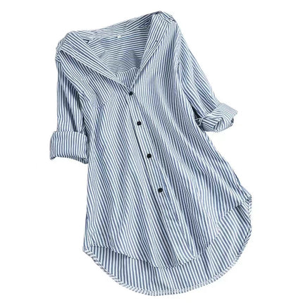 ANYBUY Women Tunic Shirt Chic Stripe Blouse Autumn Ladies Large Size Button Lace V Neck Long Sleeve Shirt Blouse Large Size 5XL