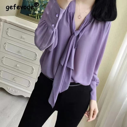 ANYBUY Autumn Elegant Fashion Office Lady Bow Lace-Up Chiffon Shirt Blouse Women Casual Long Sleeve Loose Pullover All-match Basic Tops